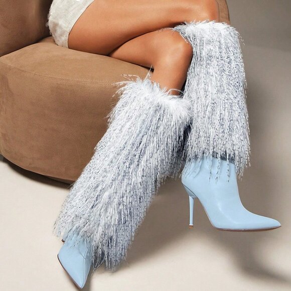 Baby Blue Women's Statement Maker Furry Stiletto Heel Boots - Picture 1 of 7